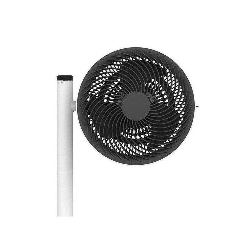 witte vloerventilator met hoogverstelbare statief en asymmetrisch zwart rooster