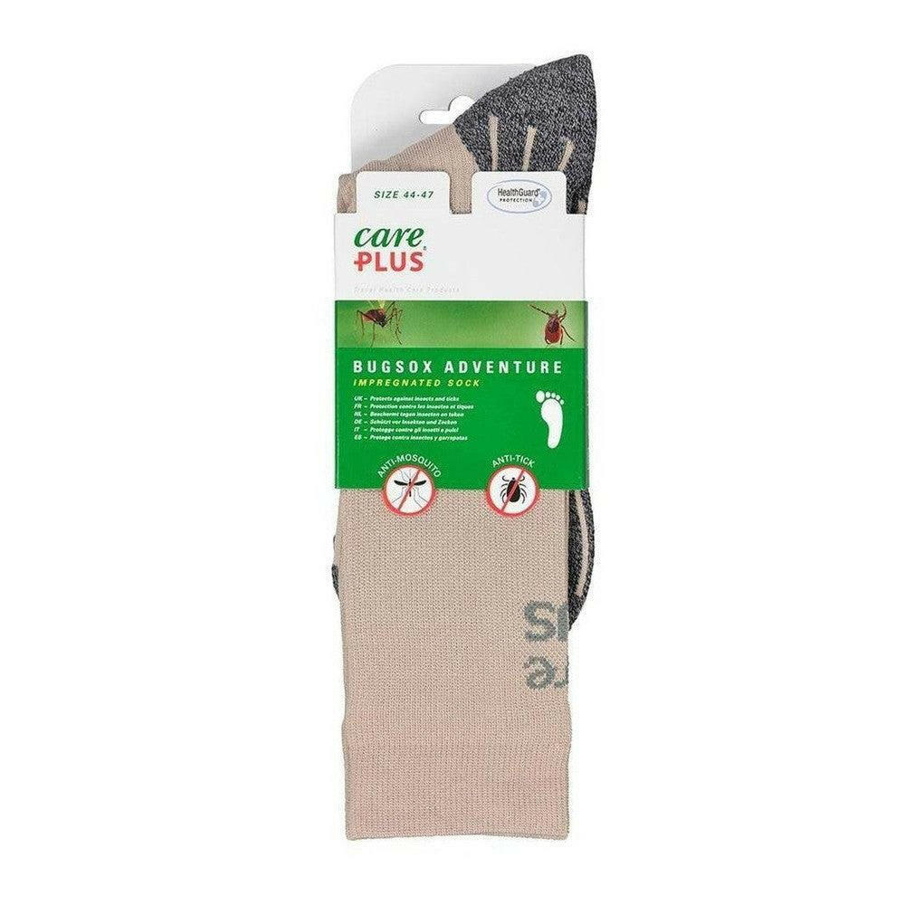 Beige anti-insectensokken maat 44-47 in verpakking met IMPREGNATED SOCK en insect pictogrammen