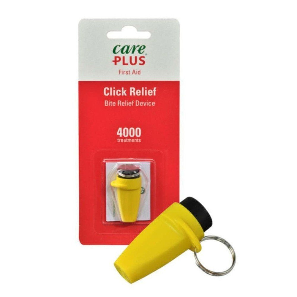 Care Plus Click Relief verpakking met geel apparaat en sleutelhanger
