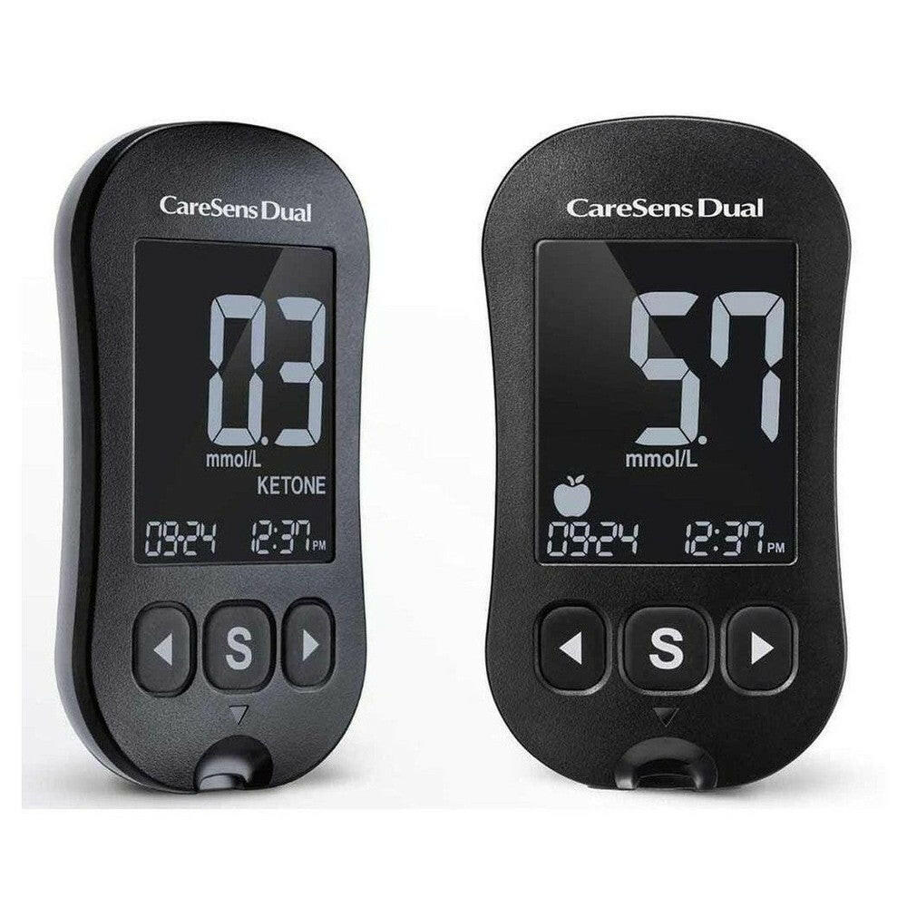 Twee zwarte CareSens Dual meters voor ketonen en glucose