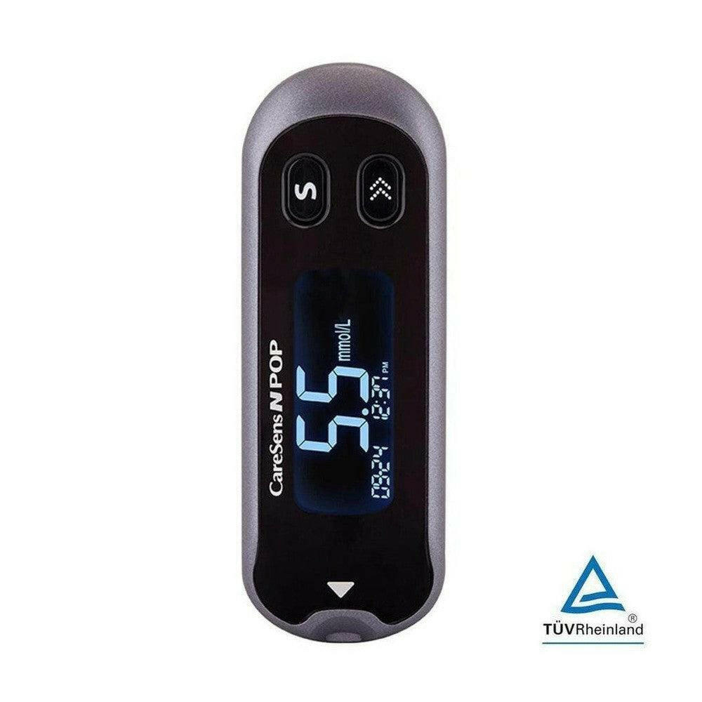 CareSens N POP glucosemeter startpakket grijs zwart met scherm en TÜV Rheinland logo