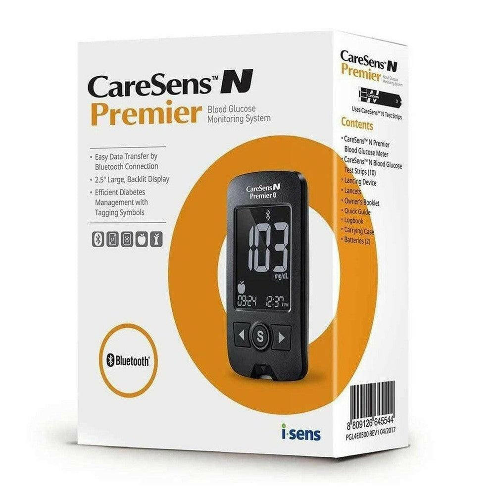 Verpakking CareSens N Premier startpakket met meter, strips, lancetten en case