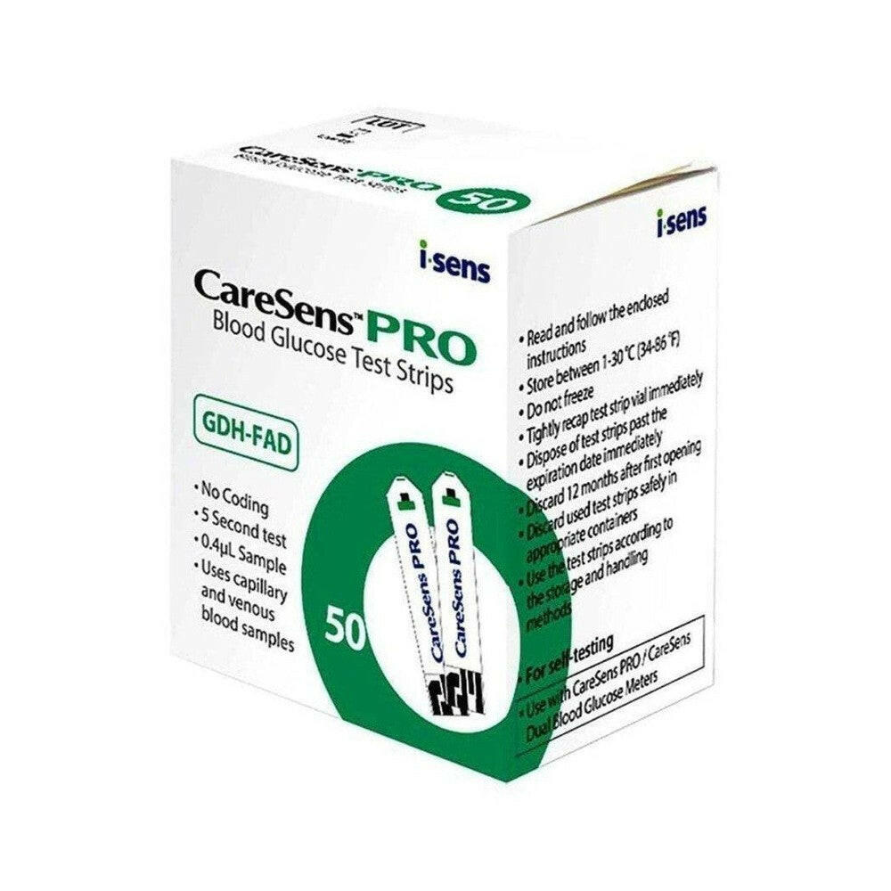 CareSens PRO glucose teststrips verpakking 50 stuks met groen ontwerp en kenmerken