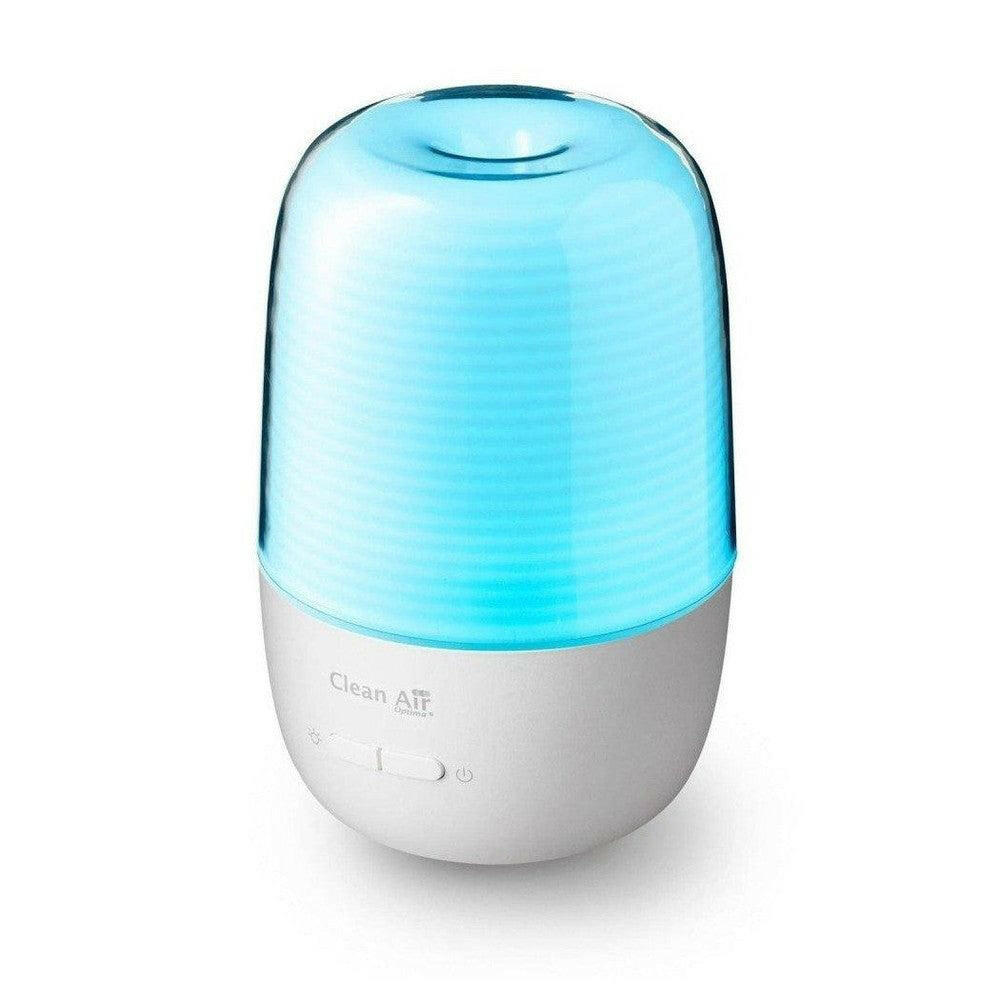 witte aroma diffuser met blauw licht en Clean Air Optima logo