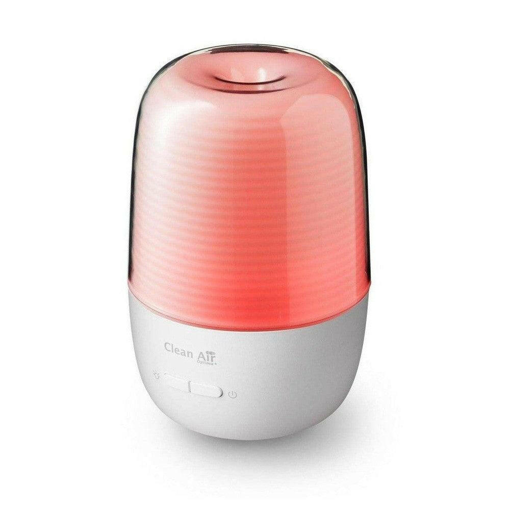 Close-up witte diffuser met roze ribbeltop en bedieningsknoppen