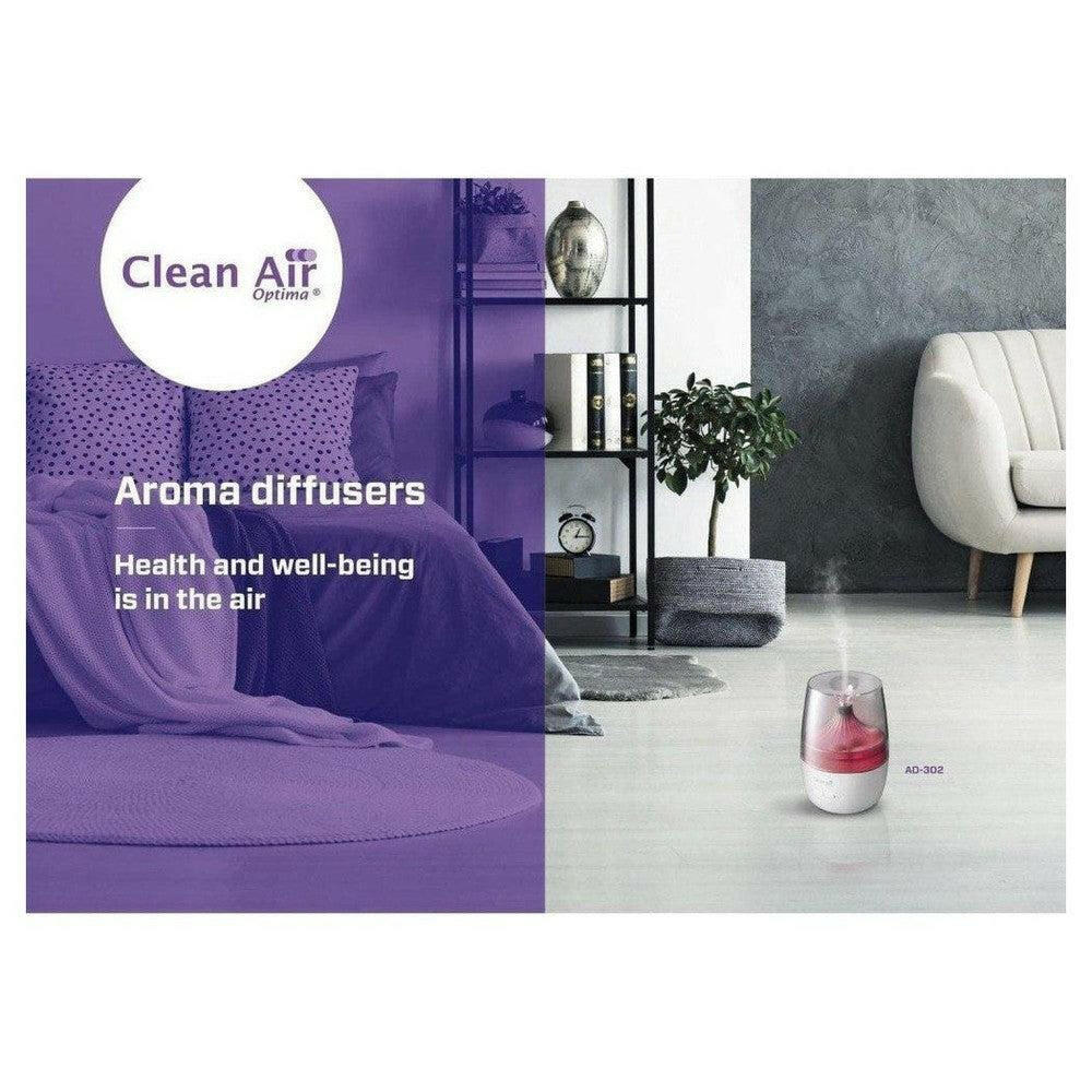 Clean Air Optima AD-302 aroma diffuser in woonruimte met rode verlichting en wellness tekst