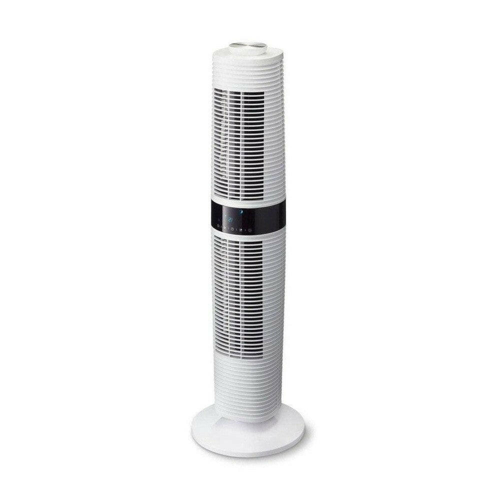 Witte Clean Air Optima torenventilator met digitale display en ronde voet