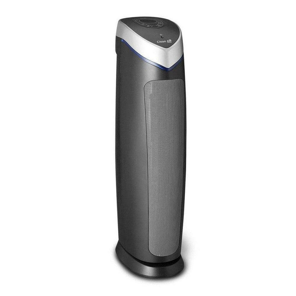 Zwarte Clean Air Optima CA-508 luchtreiniger met zilveren top en ronde voet