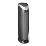 Zwarte Clean Air Optima CA-508 luchtreiniger met zilveren top en ronde voet