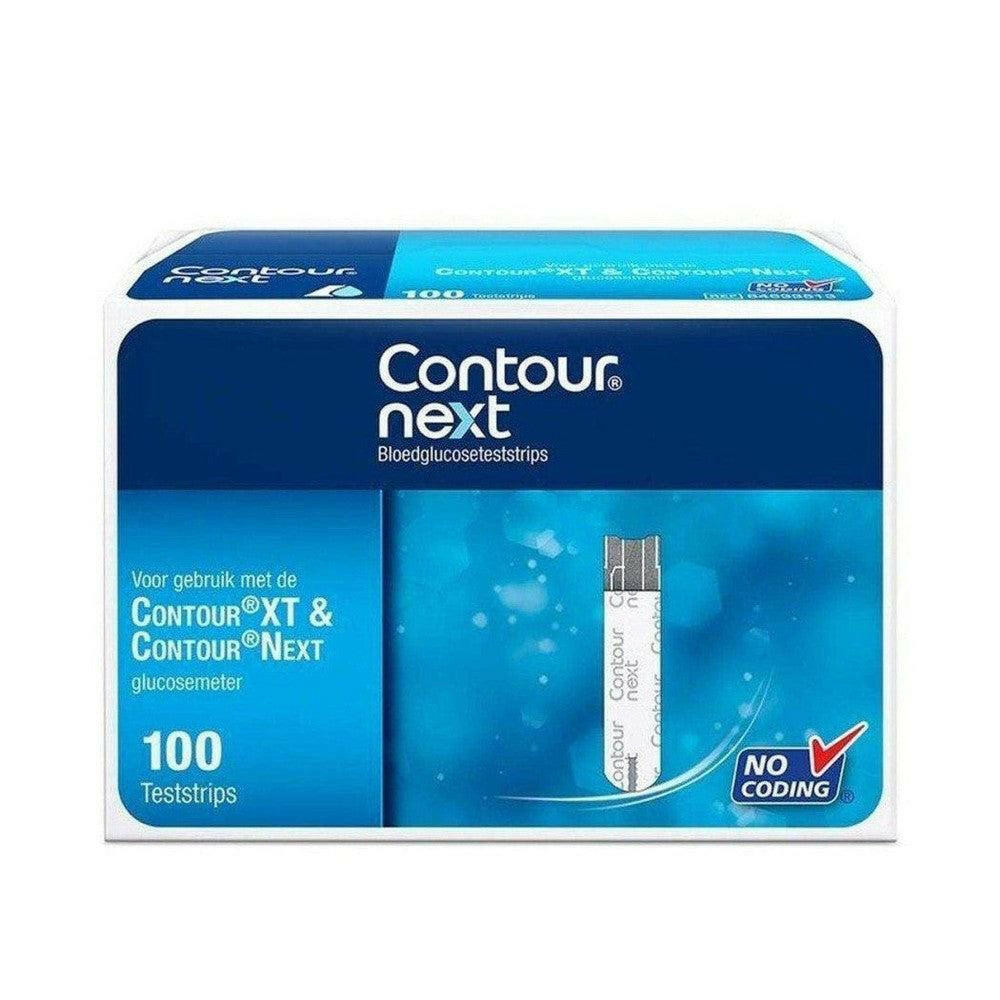 Verpakking van 100 Contour Next bloedglucose teststrips zonder codering voor XT en Next meters