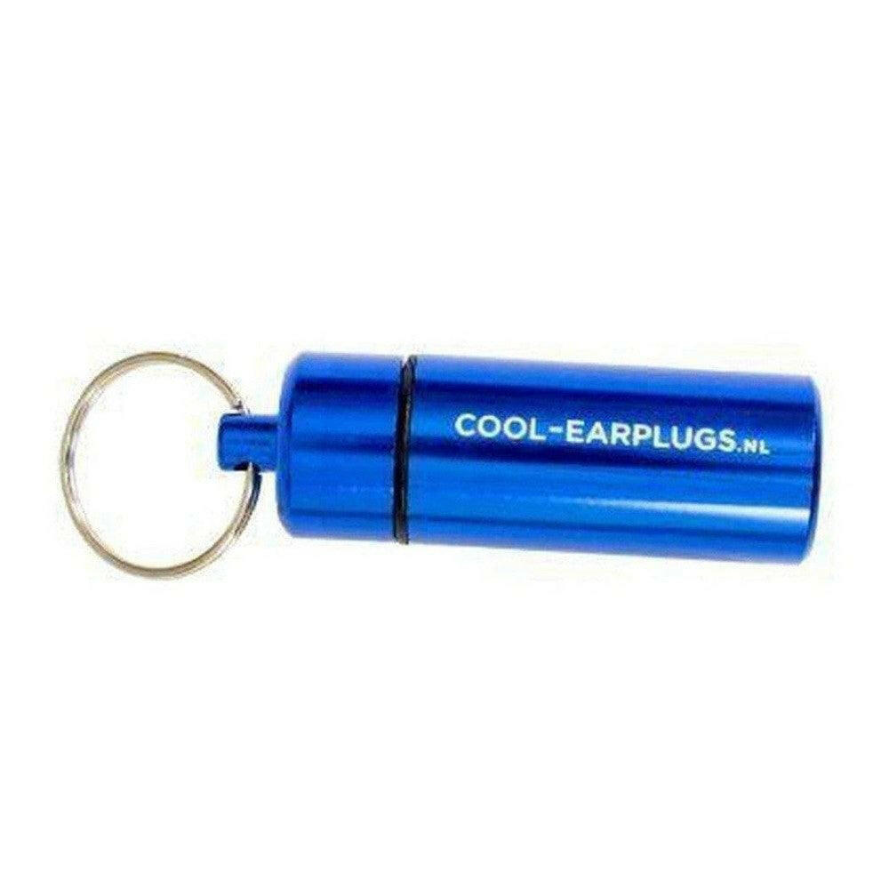 Blauwe aluminium bewaarkoker voor Cool-earplugs met sleutelhanger