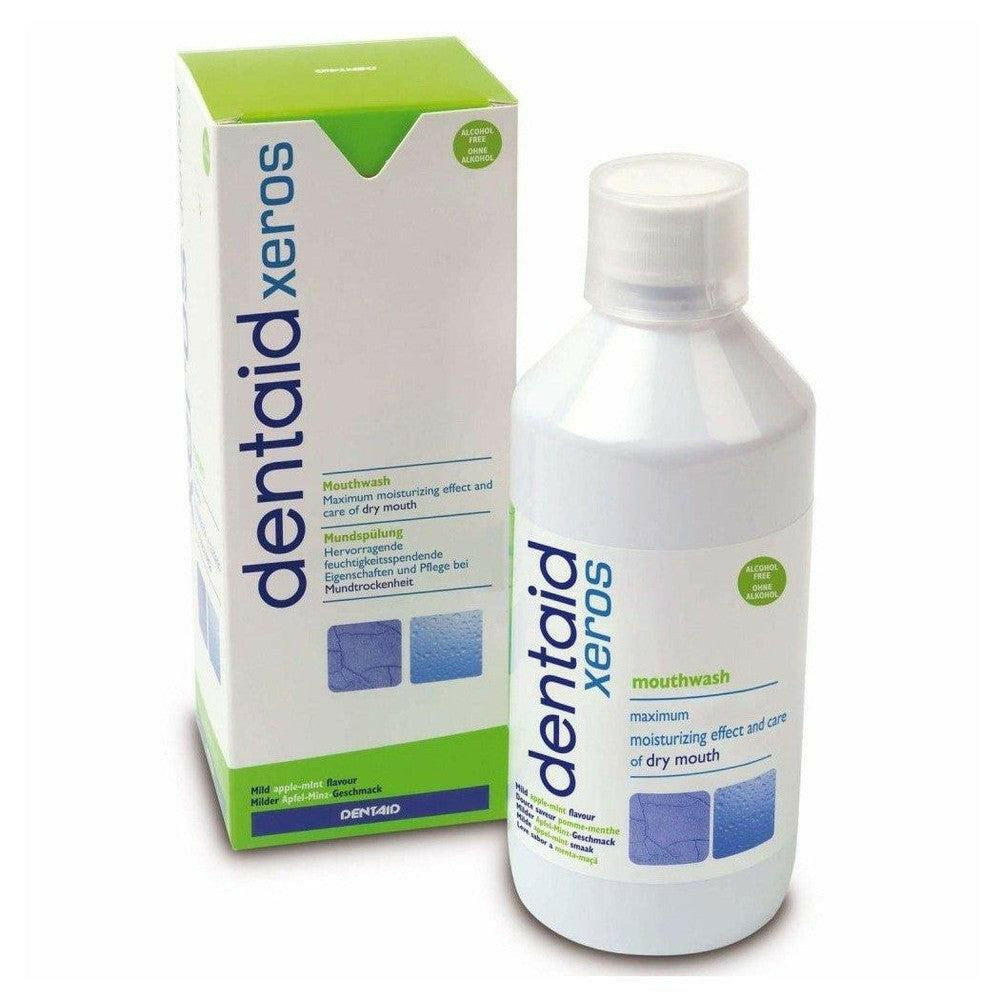Dentaid Xeros mondspoeling 500 ml fles met alcoholvrij etiket en groen-witte verpakking