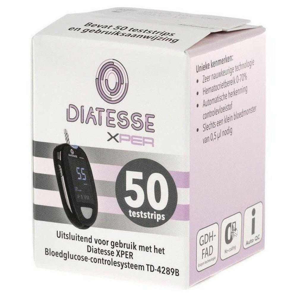 Doos met 50 Diatesse XPER teststrips voor bloedsuikermeter zonder codering