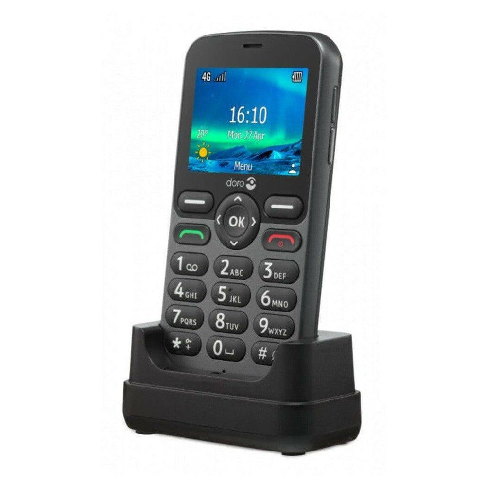 Zwarte Doro 5860 seniorentelefoon in oplaadstation met grote knoppen