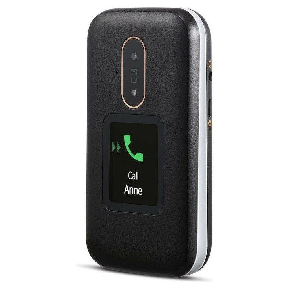 Zwarte Doro 6880 seniorentelefoon met leerlook en zichtbaar extern display