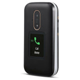 Zwarte Doro 6880 seniorentelefoon met leerlook en zichtbaar extern display