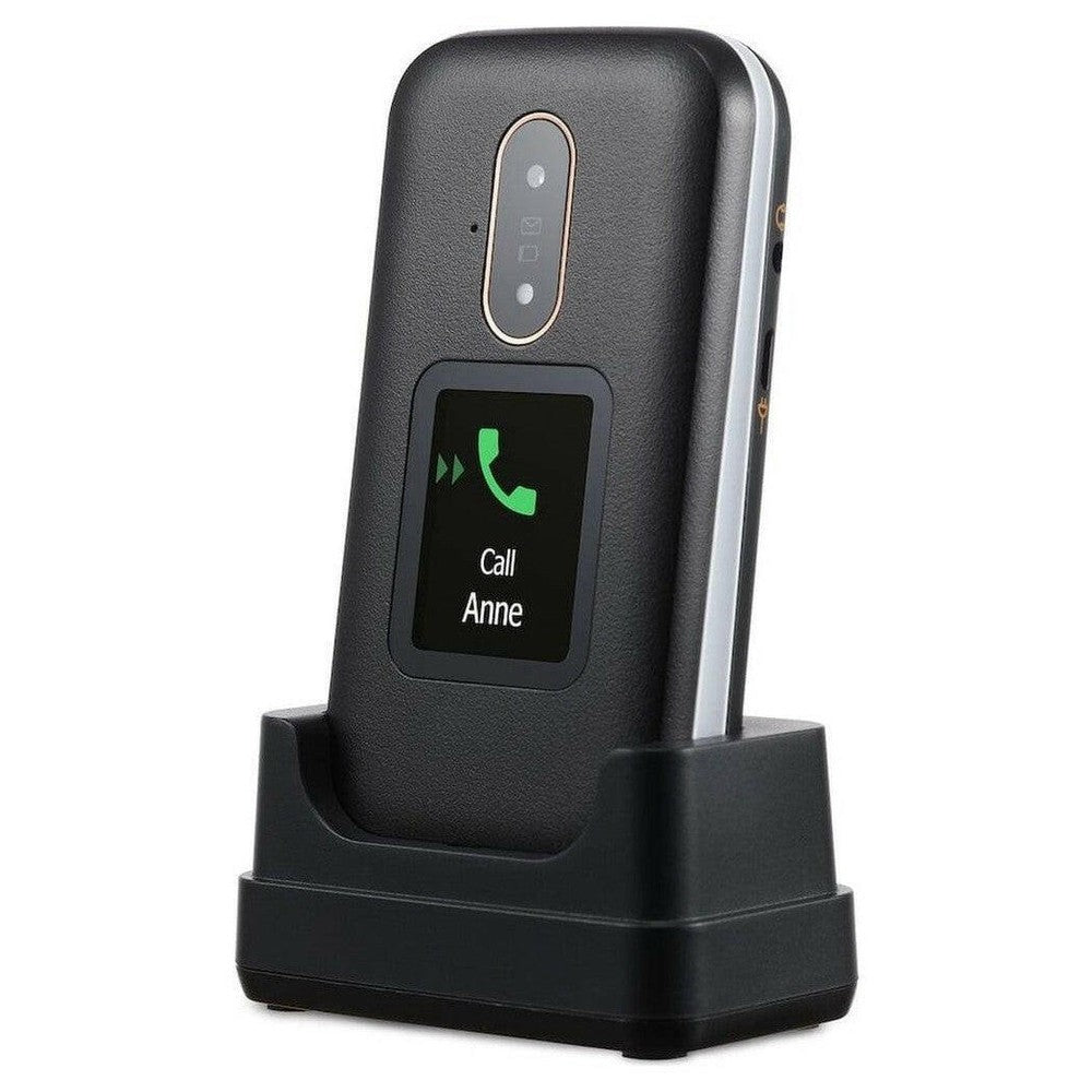 Zwarte Doro 6880 klaptelefoon in houder met leerlook en extern contactscherm