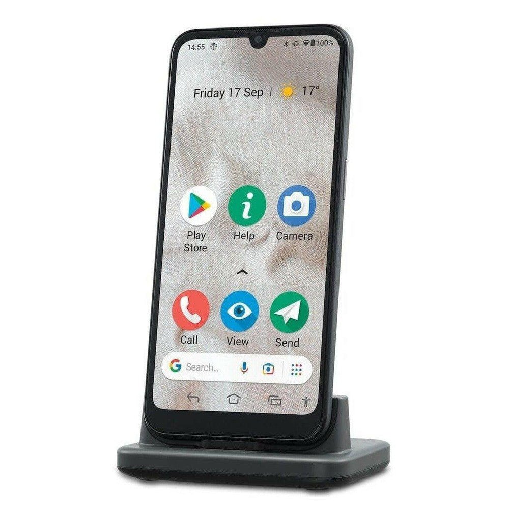 Doro 8100 senioren smartphone zwart met Android-homescherm op oplaadstandaard