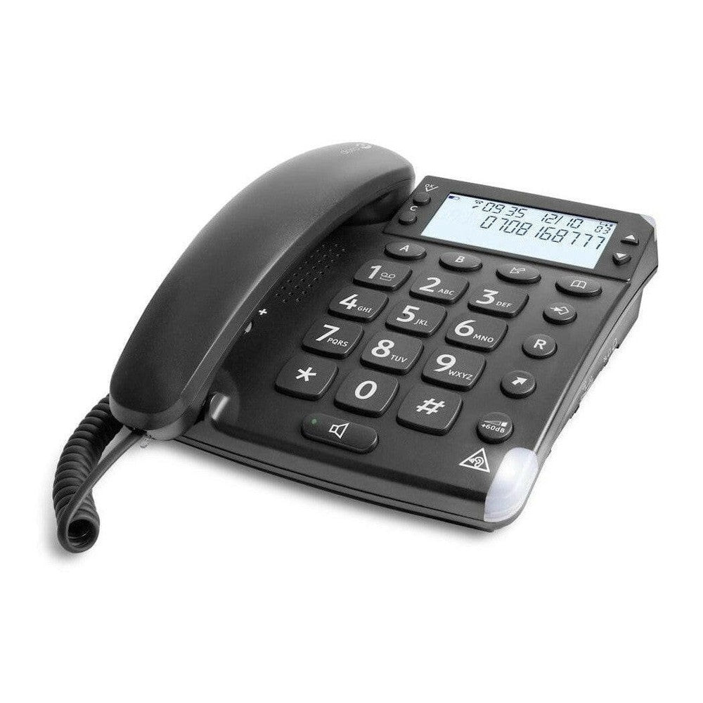 Zwarte Doro Magna 4000 telefoon met gehoorapparaat compatibiliteit en extra luide beltoon