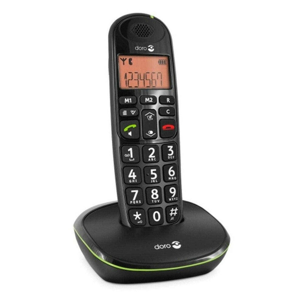 Doro draadloze telefoon zwart verticaal op oplader met helder nummerbord
