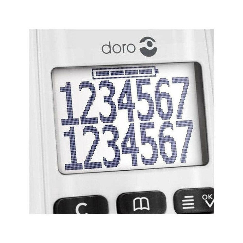 Doro PhoneEasy 110 Duo close-up scherm met batterijstatus en logo