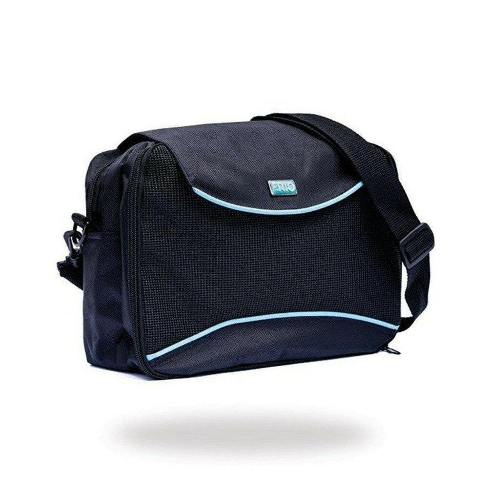 Zwarte Frio Vitesse diabetes-tas met lichtblauwe accenten en schouderband