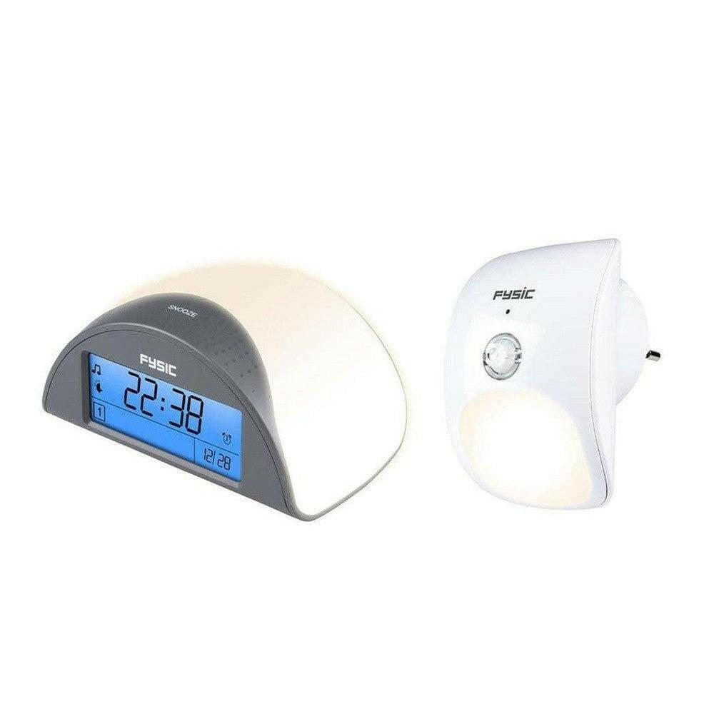 Fysic FC-38 wekker met blauw LCD-scherm en witte dwaaldetectiesensor voor dementie