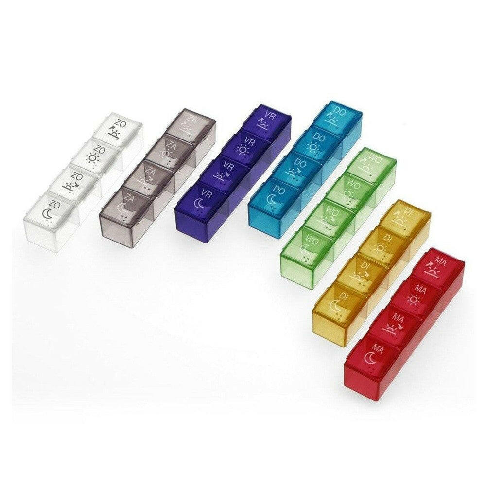 Zijkant Fysic pillendoos etui met zichtbare kleurrijke doosjes