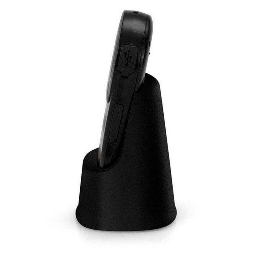 Zijprofiel zwarte Fysic alarmknop in standaard met zichtbare USB-poort
