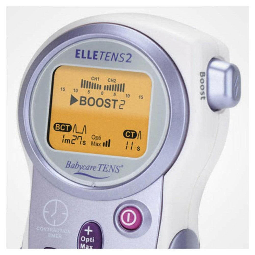 Close-up scherm GeboorteTENS Elle TENS 2 met BOOST2 en weeëntimer