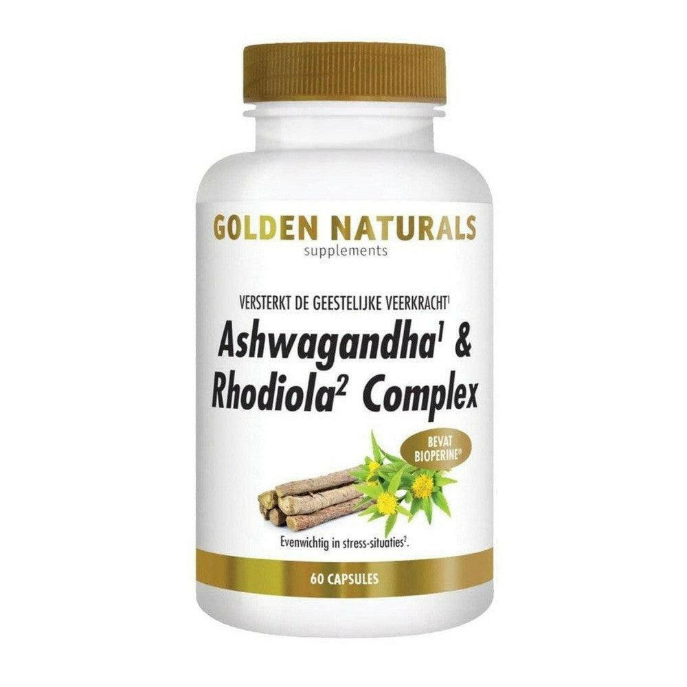Golden Naturals Ashwagandha & Rhodiola supplementen fles met 60 capsules voor geestelijke veerkracht
