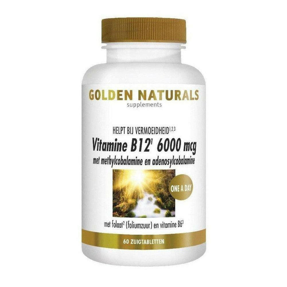 Golden Naturals Vitamine B12 6000 mcg zuigtabletten fles met gouden dop en etiket