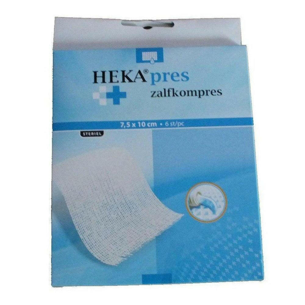 Heka PRES steriel zalfkompres 7,5x10 cm in verpakking met wijdmazig gaas voor oppervlakkige wonden
