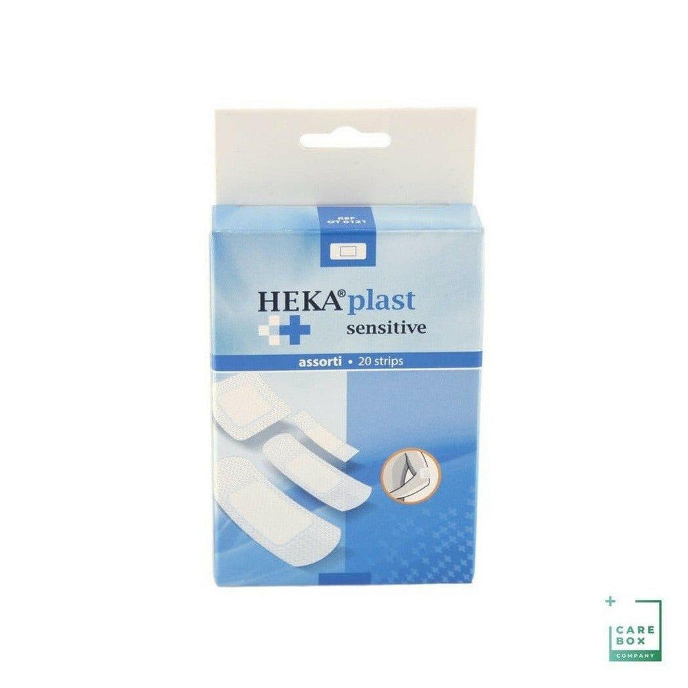 HEKAplast Sensitive pleisters assorti 20 stuks in blauw-witte verpakking met drie formaten voor gevoelige huid