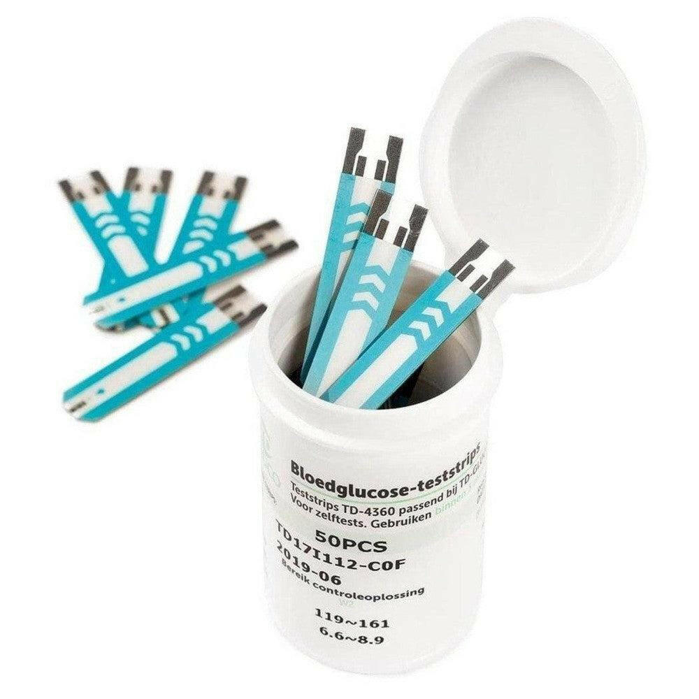 HT One TD-GLUCO bloedglucose teststrips in wit potje met 50 stuks en blauwe druppelmarkering
