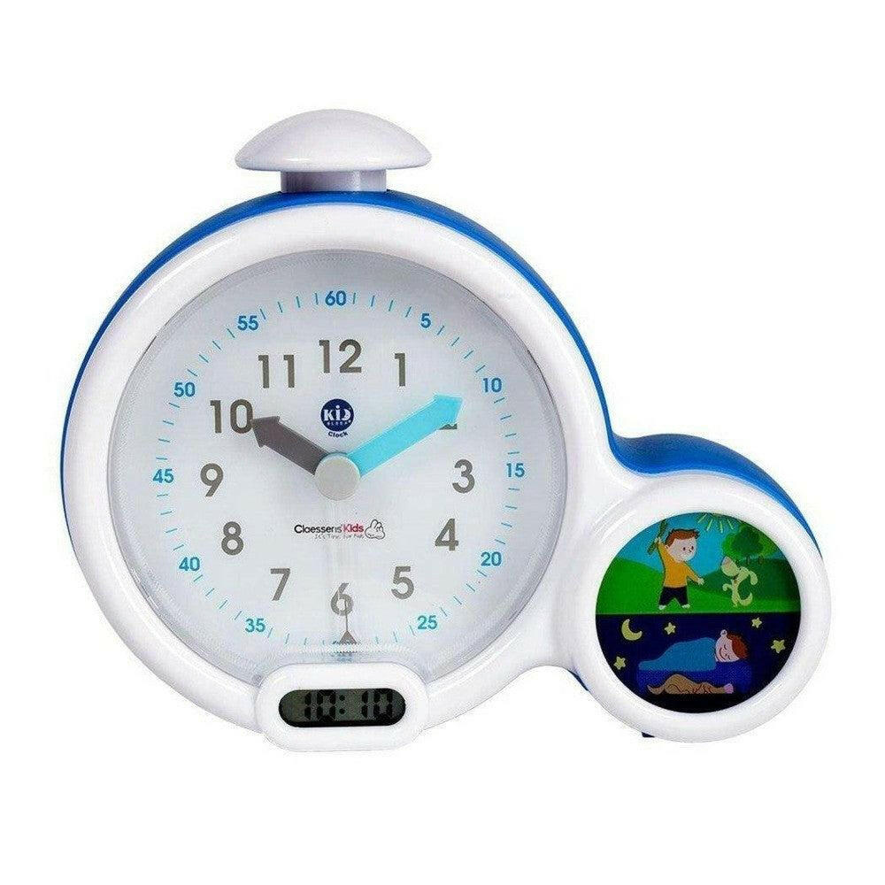 Witte Kid'Sleep kinderwekker met blauwe rand en kleurrijke illustraties