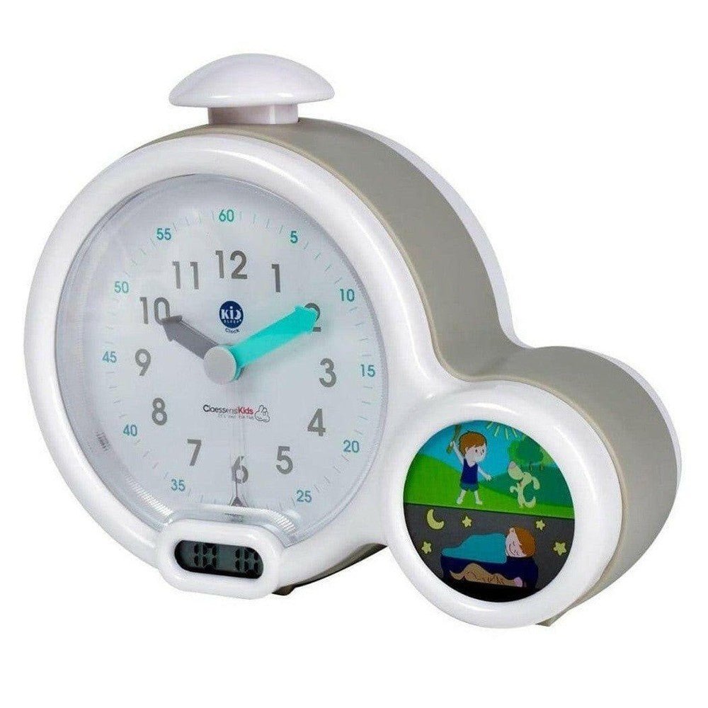 Grijze Kid'Sleep kinderwekker met omgekeerde wijzer en digitale tijdsweergave