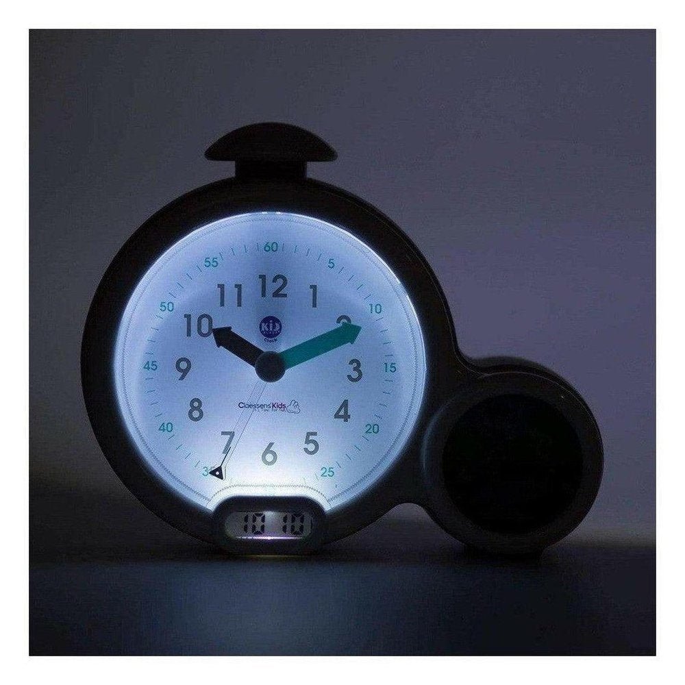 Zwarte Kid'Sleep kinderwekker met verlichte analoge wijzerplaat en groene secondewijzer