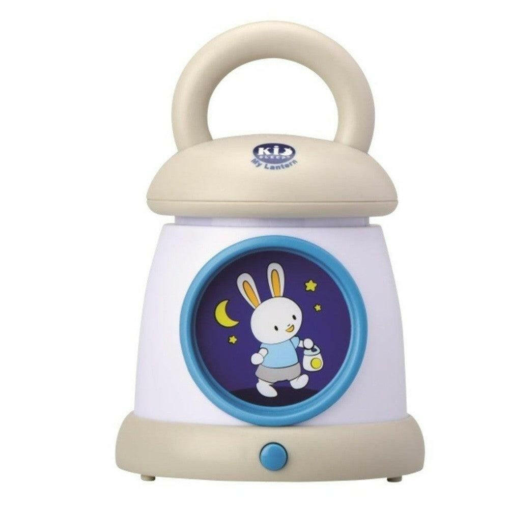 Beige witte Kid'Sleep Lantaarn nachtlampje met blauwe rand en knop op basis