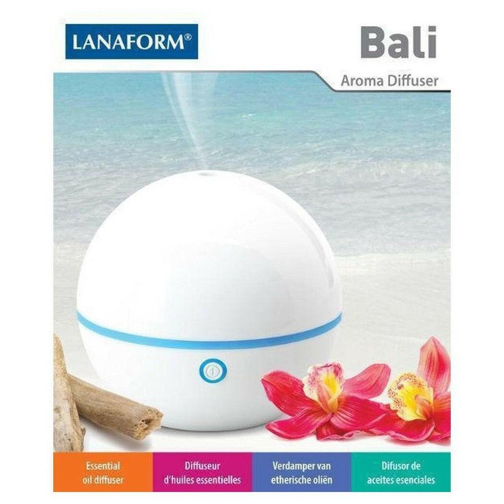 Lanaform Bali aroma diffuser in strandsetting met orchideeën en merknaam