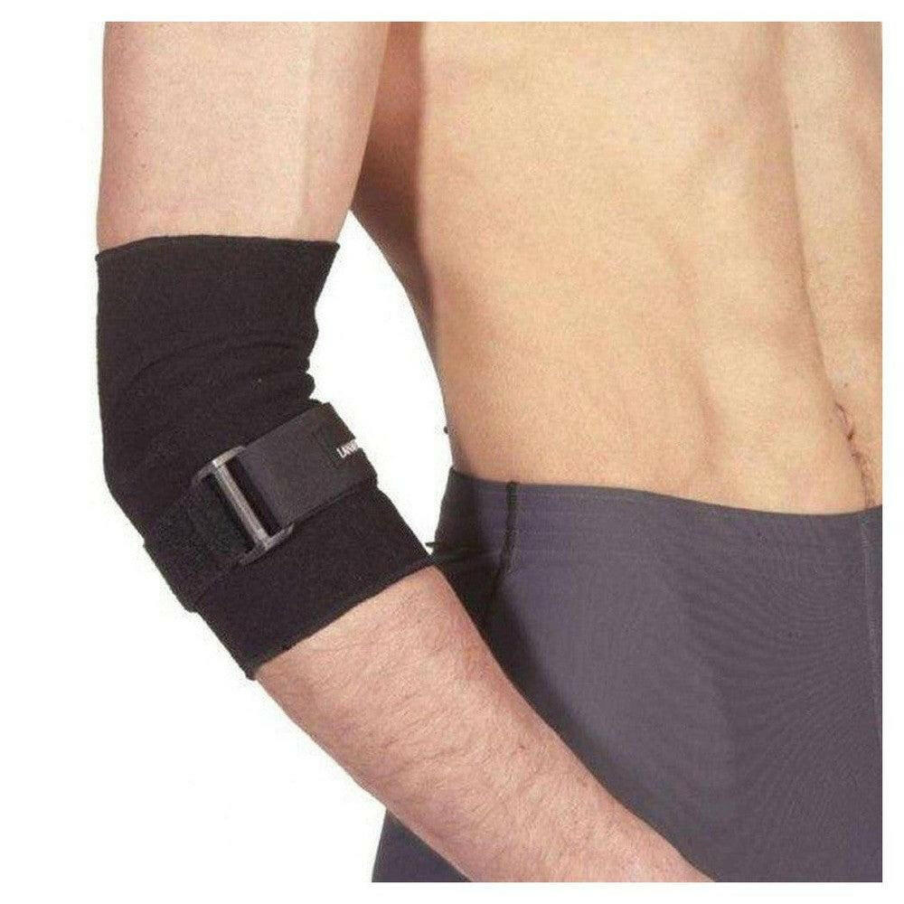 Zwarte Lanaform elleboogbrace met klittenband op mannelijke arm