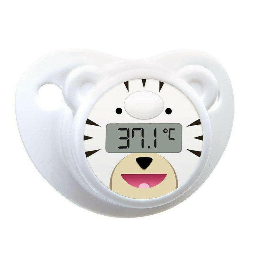 Witte Lanaform Filoo speenthermometer met cartoonbeergezicht en digitaal LCD-display