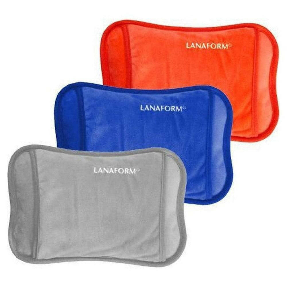 Drie Lanaform handwarmers in grijs, blauw en oranje met fluweelachtige textuur