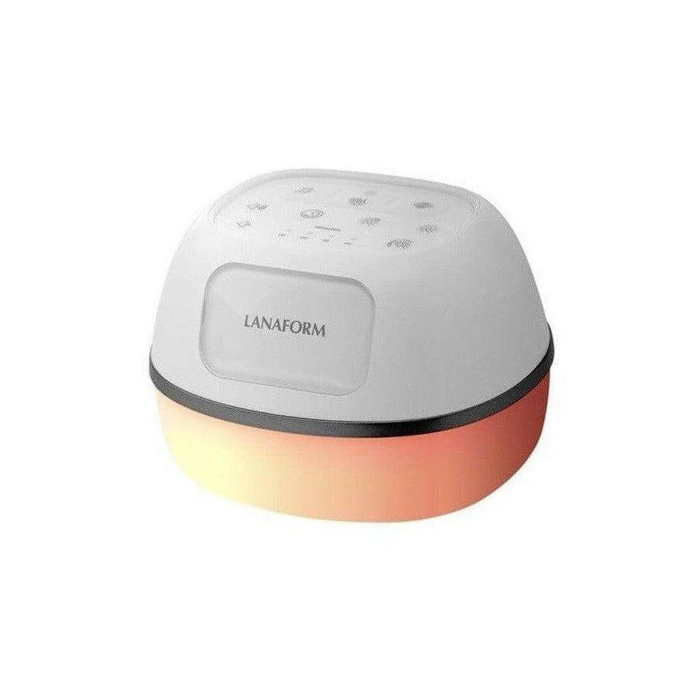 Lanaform Nuxo slaaphulp wit bolvormig apparaat met oranje-roze licht en bedieningspaneel