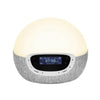 Frontaal beeld van grijze Lumie Bodyclock Shine 300 met warmwit licht en display