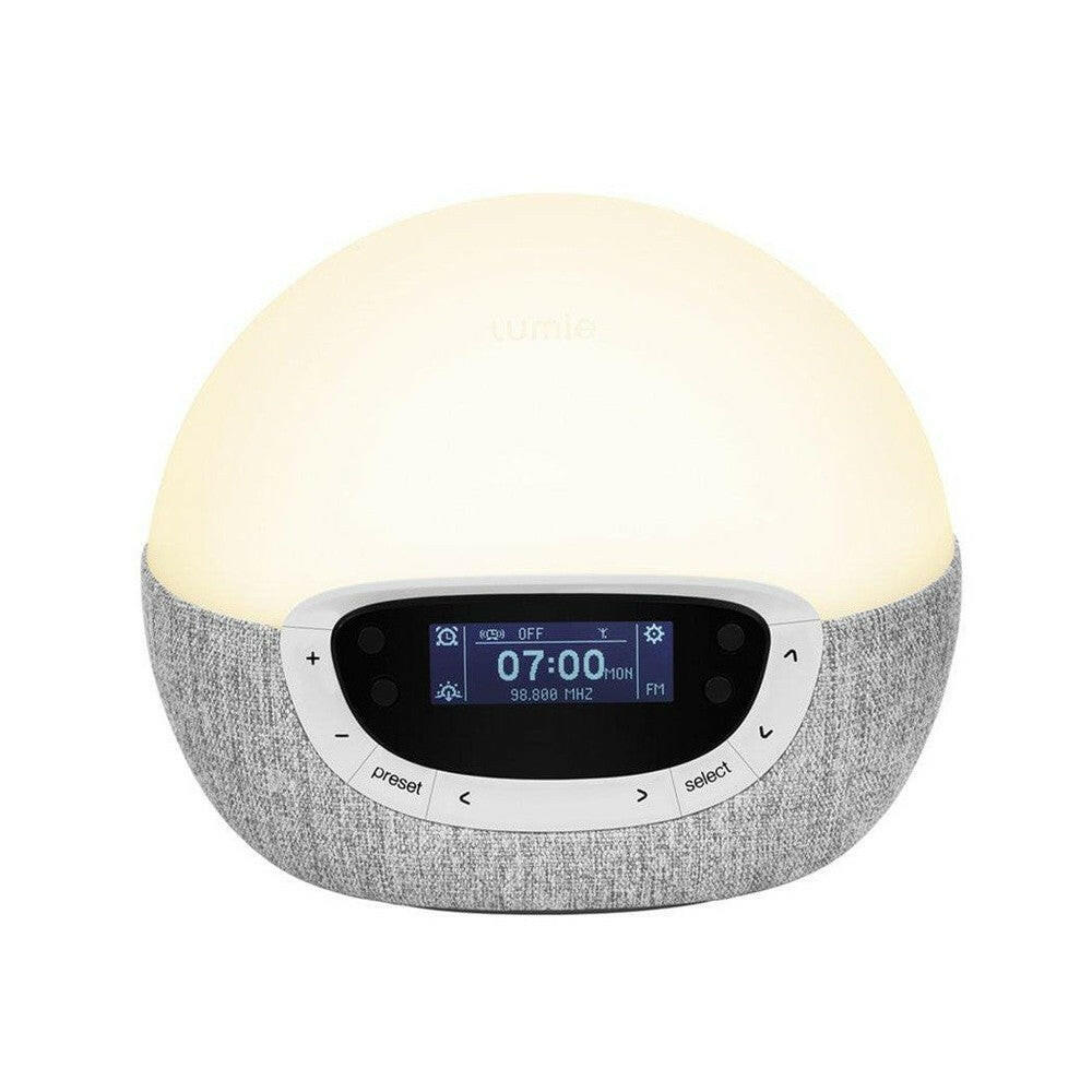 Frontaal beeld van grijze Lumie Bodyclock Shine 300 met warmwit licht en display
