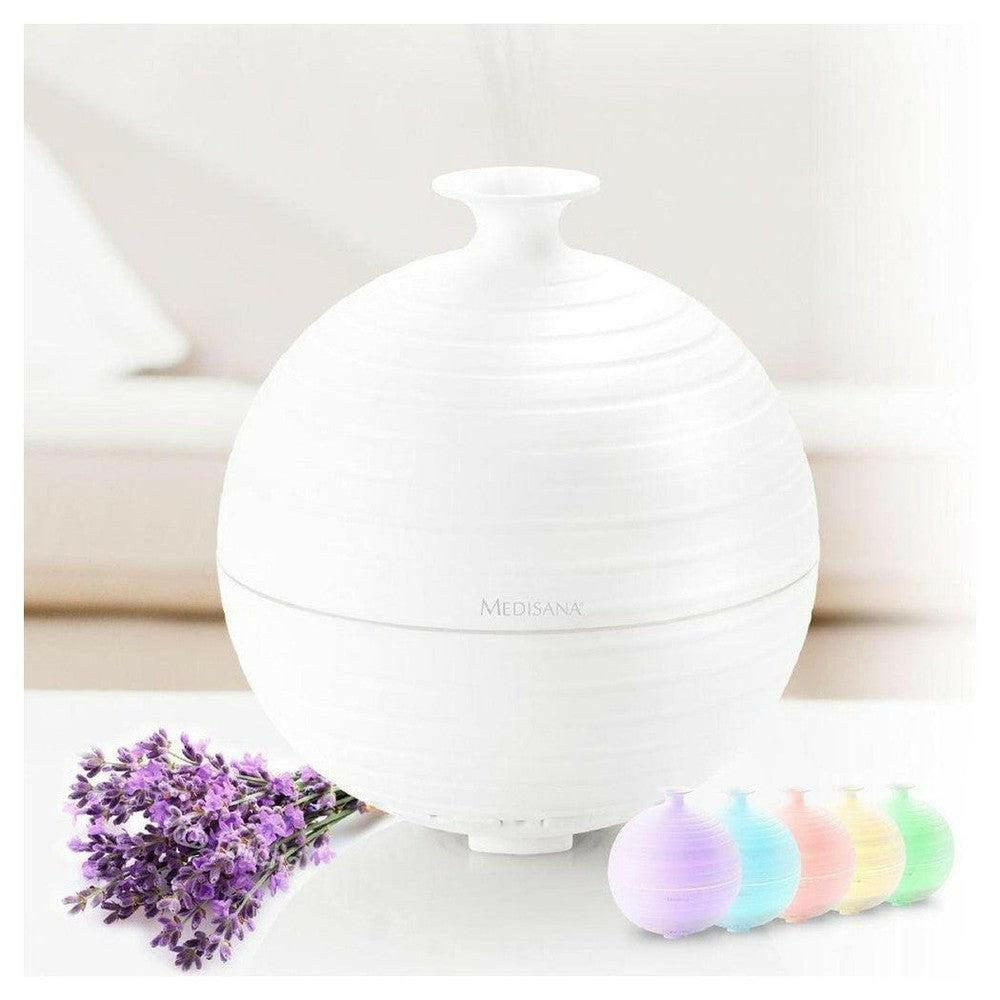 Medisana AD 620 aroma diffuser wit met paarse lavendel en kleurvarianten in rij