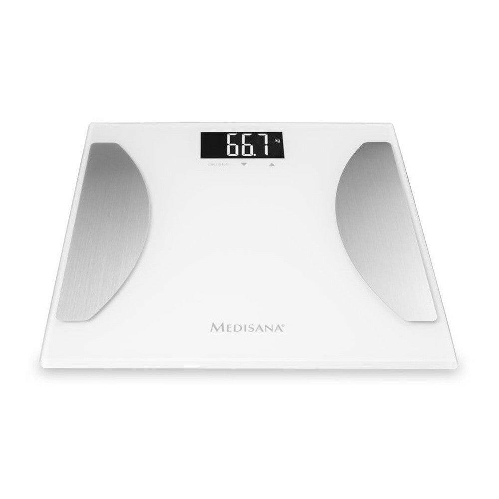 Medisana BS 477 witte digitale lichaamsanalyse-weegschaal met glazen oppervlak en display