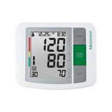 Close-up Medisana BU510 scherm met meetwaarden, knoppen en kleurenbalk