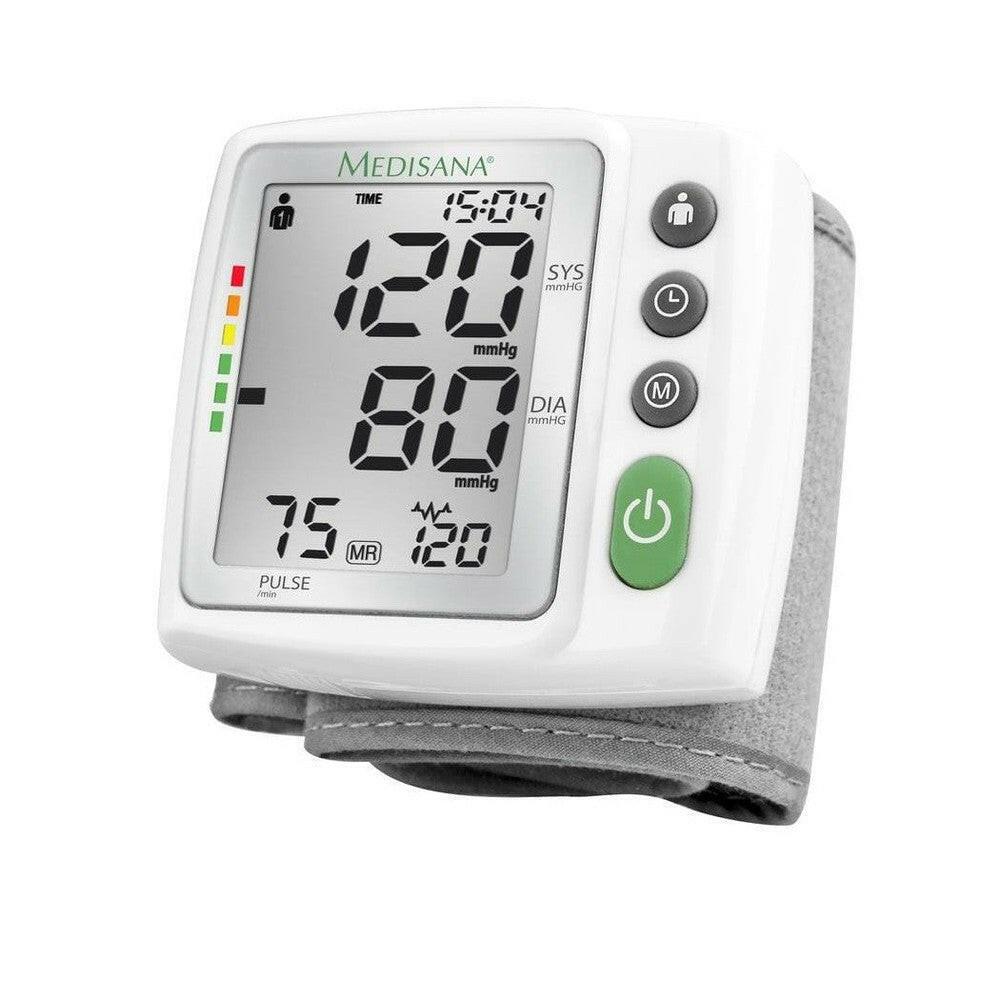 Close-up Medisana BW 315 polsbloeddrukmeter scherm met WHO-indicator en knoppen